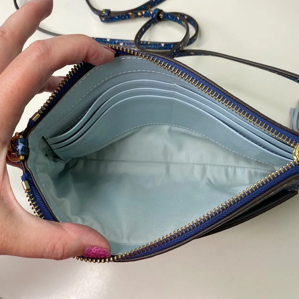 Tory Burch Colorblock Leather Tassel Convert. Crossbody‎ Clutch Blue Wild Pansy
